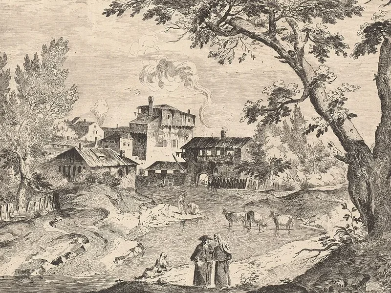 1716-Bernardo Zilotti - Villaggio rustico lungo un fiume con viaggiatori